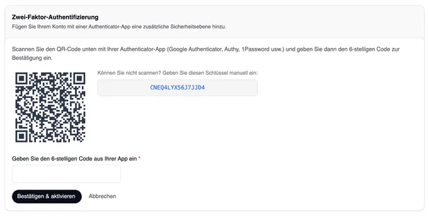 Die Einrichtung mit QR-Code, dem Schlüssel zum manuellen Eintippen, dem Feld für den 6-stelligen Code und den Schaltflächen „Bestätigen & aktivieren“ und „Abbrechen“.