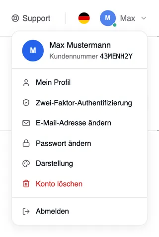 Das geöffnete Kontomenü mit Name und Kundennummer, darunter Mein Profil, Zwei-Faktor-Authentifizierung, E-Mail-Adresse ändern, Passwort ändern, Darstellung, Konto löschen (rot) und Abmelden.