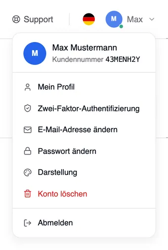 Das geöffnete Kontomenü mit Max Mustermann und den Einträgen Mein Profil, Zwei-Faktor-Authentifizierung, E-Mail-Adresse ändern, Passwort ändern, Darstellung, Konto löschen und Abmelden.