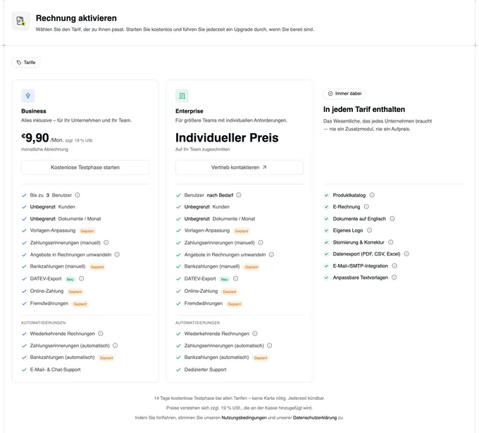 Die Seite „Rechnung aktivieren“ mit den Tarifen Business (9,90 € pro Monat zzgl. 19 % USt., „Kostenlose Testphase starten“) und Enterprise (Individueller Preis, „Vertrieb kontaktieren“), daneben „In jedem Tarif enthalten“, darunter der Hinweis auf 14 Tage kostenlose Testphase.