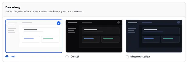 Die Karte „Darstellung“ mit den drei Farbschemas Hell (ausgewählt), Dunkel und Mitternachtsblau, jeweils mit einer kleinen Vorschau.