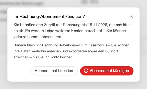 Das Fenster „Ihr Rechnung-Abonnement kündigen?“ mit dem Datum, bis zu dem der Zugriff bleibt, dem Hinweis auf den Lesemodus und den Schaltflächen „Abonnement behalten“ und „Abonnement kündigen“.