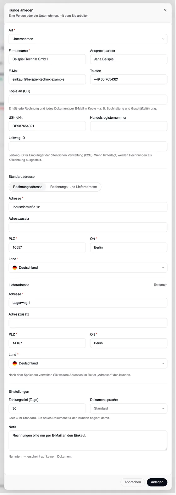 Das Fenster „Kunde anlegen“: Art Unternehmen, Firmenname Beispiel Technik GmbH, Ansprechpartner, E-Mail, Telefon, USt-IdNr.; der Abschnitt „Standardadresse“ mit „Rechnungsadresse | Rechnungs- und Lieferadresse“, der Adresse Industriestraße 12, 10557 Berlin und einer eigenen Lieferadresse Lagerweg 4, 14167 Berlin; der Abschnitt „Einstellungen“ mit Zahlungsziel 30 Tage, Dokumentsprache und Notiz.