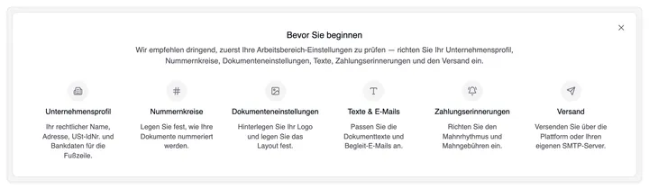 Die Karte „Bevor Sie beginnen“ mit sechs Verweisen: Unternehmensprofil, Nummernkreise, Dokumenteneinstellungen, Texte & E-Mails, Zahlungserinnerungen und Versand.
