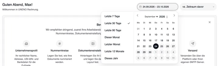 Oben rechts das Datumsfeld „24.09.2026 – 23.10.2026“ und daneben „vs. Zeitraum davor“; geöffnet die Schnellauswahl Letzte 7 Tage, Letzte 30 Tage (mit Häkchen), Letzte 90 Tage, Dieser Monat, Letzter Monat, Letzte 12 Monate und Dieses Jahr neben dem Kalender.