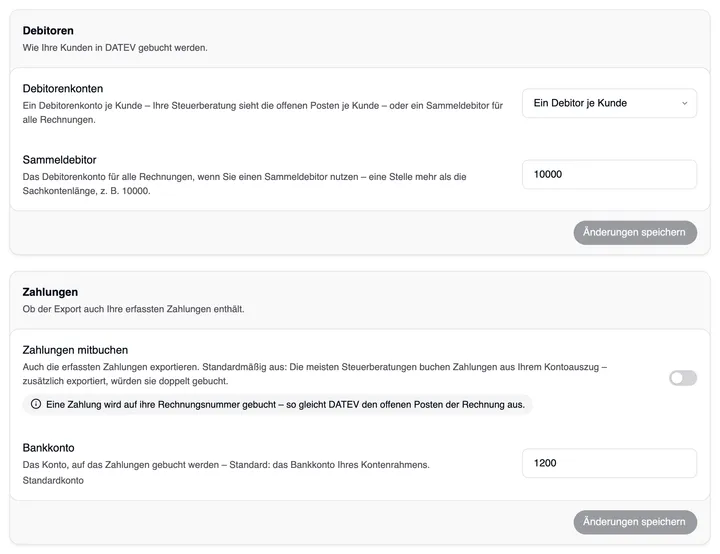Die Karten Debitoren (Debitorenkonten: Ein Debitor je Kunde, Sammeldebitor 10000) und Zahlungen (Zahlungen mitbuchen aus, mit dem Hinweis, dass eine Zahlung auf ihre Rechnungsnummer gebucht wird; Bankkonto 1200 als Standardkonto), jede mit Änderungen speichern.