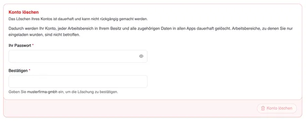 Die rote Karte „Konto löschen“ mit dem Hinweis auf die dauerhafte Löschung, den Feldern „Ihr Passwort“ und „Bestätigen“, dem Hinweis „Geben Sie musterfirma-gmbh ein, um die Löschung zu bestätigen.“ und der noch inaktiven Schaltfläche „Konto löschen“.