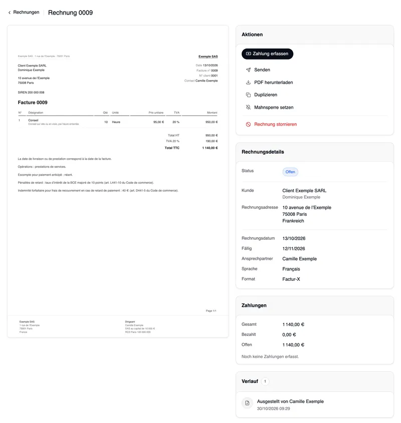 Die Übersicht der Rechnung 0009 an Client Exemple SARL: links das PDF mit der SIREN des Kunden und den Zahlungsangaben, rechts Aktionen mit Zahlung erfassen, Senden, PDF herunterladen, Duplizieren und Mahnsperre setzen, in Rot Rechnung stornieren, die Rechnungsdetails mit dem Format Factur-X und die Zahlungen.