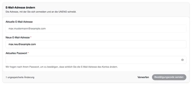 Die Karte „E-Mail-Adresse ändern“ mit der aktuellen Adresse, dem Feld „Neue E-Mail-Adresse“, dem Feld „Aktuelles Passwort“ und der Schaltfläche „Bestätigungscode senden“.