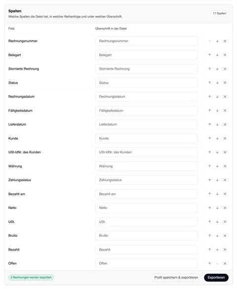 Die Karte „Spalten“ mit „17 Spalten“ oben rechts und einer Tabelle Feld · Überschrift in der Datei: Rechnungsnummer, Belegart, Stornierte Rechnung, Status, Rechnungsdatum, Fälligkeitsdatum, Lieferdatum, Kunde, USt-IdNr. des Kunden, Währung, Zahlungsstatus, Bezahlt am, Netto, USt., Brutto, Bezahlt, Offen – jede mit einem Feld für die eigene Überschrift und rechts Pfeilen zum Verschieben und einem ×; unten die Anzahl in Grün, „Profil speichern & exportieren“ und „Exportieren“.