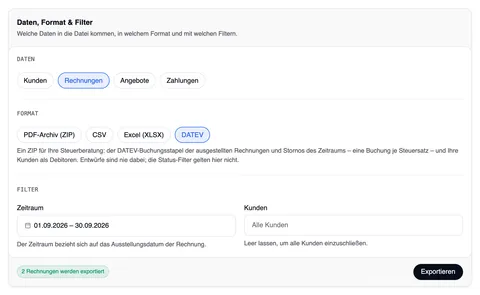 Die Karte „Daten, Format & Filter“ mit Rechnungen und dem Format DATEV gewählt, dem Hinweis „Ein ZIP für Ihre Steuerberatung …“, den Filtern Zeitraum (01.09.2026 – 30.09.2026) und Kunden und unten „2 Rechnungen werden exportiert“ und „Exportieren“.