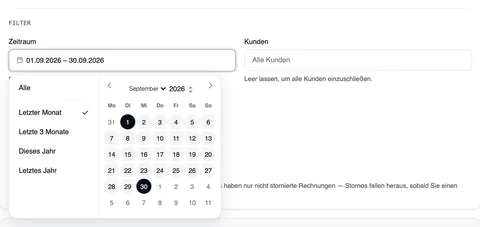 Der Abschnitt Filter mit geöffnetem Kalender beim Zeitraum: links die Schnellauswahl Alle, Letzter Monat (mit Häkchen), Letzte 3 Monate, Dieses Jahr und Letztes Jahr, rechts der September 2026 mit dem 1. und 30. markiert.