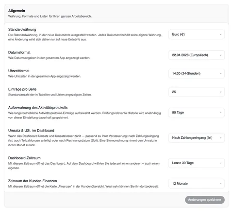 Die Karte „Allgemein“ – „Währung, Formate und Listen für Ihren ganzen Arbeitsbereich.“ – mit Standardwährung (Euro), Datumsformat (22.04.2026, Europäisch), Uhrzeitformat (14:30, 24-Stunden), Einträge pro Seite (25), Aufbewahrung des Aktivitätsprotokolls (90 Tage), Umsatz & USt. im Dashboard (Nach Zahlungseingang (Ist)), Dashboard-Zeitraum (Letzte 30 Tage) und Zeitraum der Kunden-Finanzen (12 Monate), unten „Änderungen speichern“.