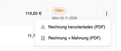 Das geöffnete Menü einer Rechnung mit „Rechnung herunterladen (PDF)“ und „Rechnung + Mahnung (PDF)“.