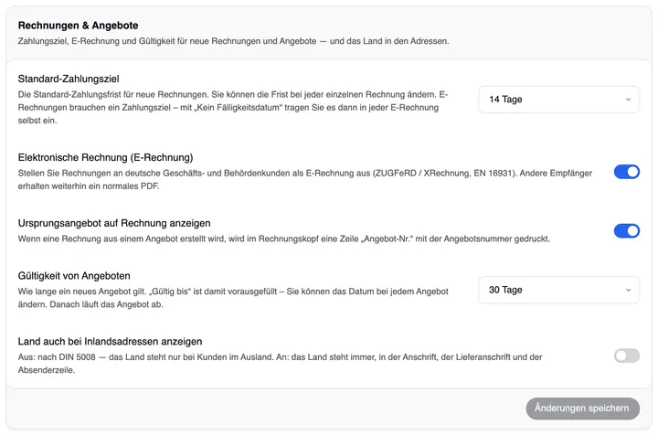 Die Karte „Rechnungen & Angebote“: Standard-Zahlungsziel 14 Tage, Elektronische Rechnung (E-Rechnung) eingeschaltet, Ursprungsangebot auf Rechnung anzeigen eingeschaltet, Gültigkeit von Angeboten 30 Tage und Land auch bei Inlandsadressen anzeigen ausgeschaltet – jeweils mit kurzer Erklärung.