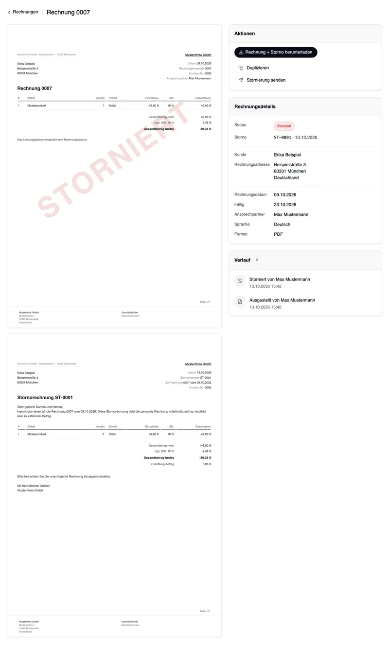 Die Übersicht der stornierten Rechnung 0007: links die Rechnung mit dem roten Stempel STORNIERT, darunter die Stornorechnung ST-0001; rechts Aktionen mit „Rechnung + Storno herunterladen“, Duplizieren und Stornierung senden, die Rechnungsdetails mit Status Storniert und Storno ST-0001 vom 13.10.2026 und der Verlauf mit Storniert und Ausgestellt.