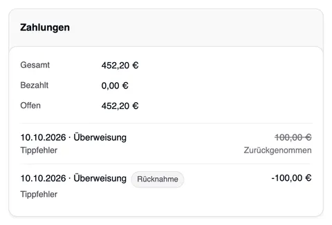 Die Karte Zahlungen der Rechnung 0006: Gesamt, Bezahlt 0,00 € und Offen; die Zahlung vom 10.10.2026 über 100,00 € durchgestrichen mit „Zurückgenommen“, darunter die Rücknahme über -100,00 €.