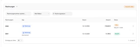 Die Seite „Rechnungen“ mit „119,00 € offen“ rechts oben, den Filtern Rechnungsnummer, Status und Rechnungsdatum und zwei Rechnungen: 0006 vom 19.10.2026 über 119,00 €, Status „Offen“, fällig 02.11.2026, und 0001 vom 13.10.2026 über 11,78 € (Abonnement), Status „Bezahlt“.