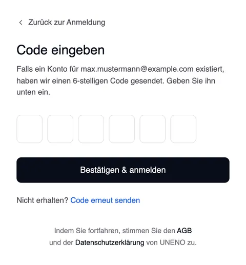 Der Schritt „Code eingeben“ mit „Zurück zur Anmeldung“ darüber, sechs Feldern für den Code, der Schaltfläche „Bestätigen & anmelden“ und „Nicht erhalten? Code erneut senden“.