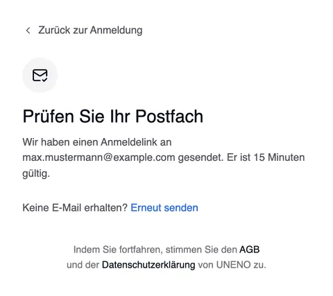 Der Schritt „Prüfen Sie Ihr Postfach“: „Wir haben einen Anmeldelink an … gesendet. Er ist 15 Minuten gültig.“ und „Keine E-Mail erhalten? Erneut senden“.