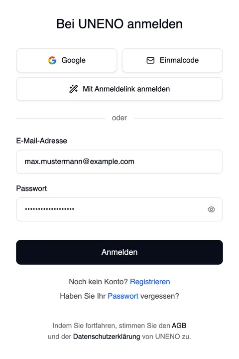 Die Anmeldeseite „Bei UNENO anmelden“: oben „Google“ und „Einmalcode“ nebeneinander und „Mit Anmeldelink anmelden“, darunter „oder“, E-Mail-Adresse, Passwort, die Schaltfläche „Anmelden“, „Noch kein Konto? Registrieren“ und „Haben Sie Ihr Passwort vergessen?“.