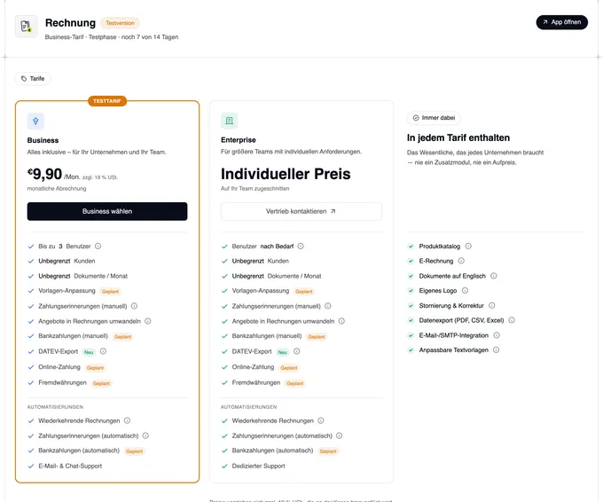 Die Seite der App Rechnung in der Testphase: oben „Rechnung“ mit der Markierung „Testversion“ und der Zeile „Business-Tarif · Testphase · noch 7 von 14 Tagen“, rechts „App öffnen“; darunter die Tarife Business (markiert als Testtarif, „Business wählen“) und Enterprise („Vertrieb kontaktieren“) und daneben „In jedem Tarif enthalten“.