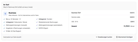Die Karte „Ihr Tarif“: links der Tarif Business mit seinen Funktionen, rechts die Abrechnung – Business-Tarif 9,90 €, Summe netto 9,90 €, USt. 19 % 1,88 €, Gesamt 11,78 € / Monat; unten „Automatisch per Karte bezahlt“ mit „Erweiterungen buchen“ und „Abonnement kündigen“.