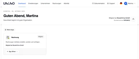 Das Dashboard von Martina mit der App „Rechnung“ unter „Meine Apps“, markiert als „Mitglied“, und der Schaltfläche „App öffnen“.