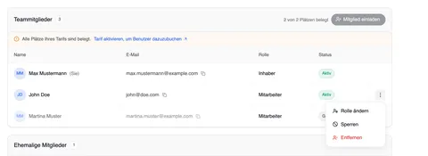 Die Karte „Teammitglieder“ mit dem geöffneten Menü ⋮ bei John Doe: Rolle ändern, Sperren und – in Rot – Entfernen.