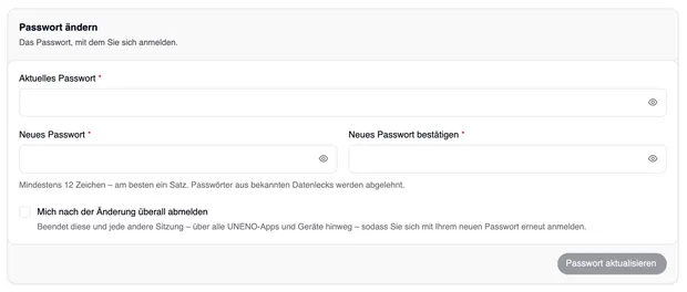 Die Karte „Passwort ändern“ mit den Feldern „Aktuelles Passwort“, „Neues Passwort“ und „Neues Passwort bestätigen“, dem Häkchen „Mich nach der Änderung überall abmelden“ und der Schaltfläche „Passwort aktualisieren“.