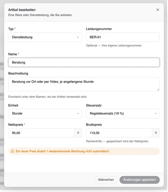 Das Fenster „Artikel bearbeiten“ für „Beratung“ mit dem Hinweis „Ein neuer Preis ändert 1 wiederkehrende Rechnung nicht automatisch.“