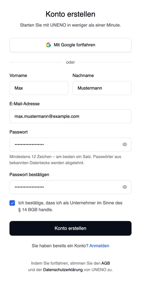 Die Seite „Konto erstellen“: oben „Mit Google fortfahren“, darunter „oder“ und das Formular mit Vorname, Nachname, E-Mail-Adresse, Passwort, Passwort bestätigen, der Unternehmer-Bestätigung, der Schaltfläche „Konto erstellen“ und „Sie haben bereits ein Konto? Anmelden“.