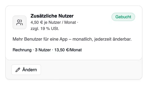 Die Karte „Zusätzliche Nutzer“, markiert als „Gebucht“: die Zeile „Rechnung · 3 Nutzer · 13,50 €/Monat“ und unten die Schaltfläche „Ändern“.