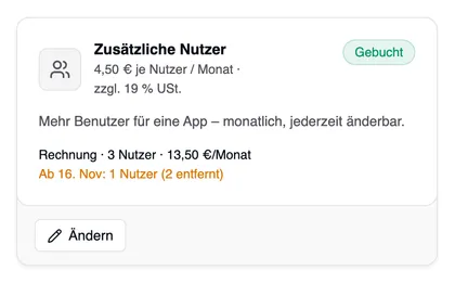 Die Karte nach der geplanten Reduzierung: „Rechnung · 3 Nutzer · 13,50 €/Monat“ und darunter in Orange „Ab 15. Nov: 1 Nutzer (2 entfernt)“, unten „Ändern“.