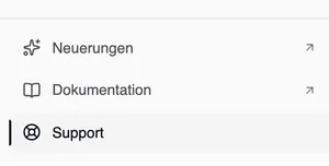 Der untere Teil der Seitenleiste unter einer Linie: Neuerungen und Dokumentation, jeweils mit einem Pfeil nach außen, und Support, ausgewählt.