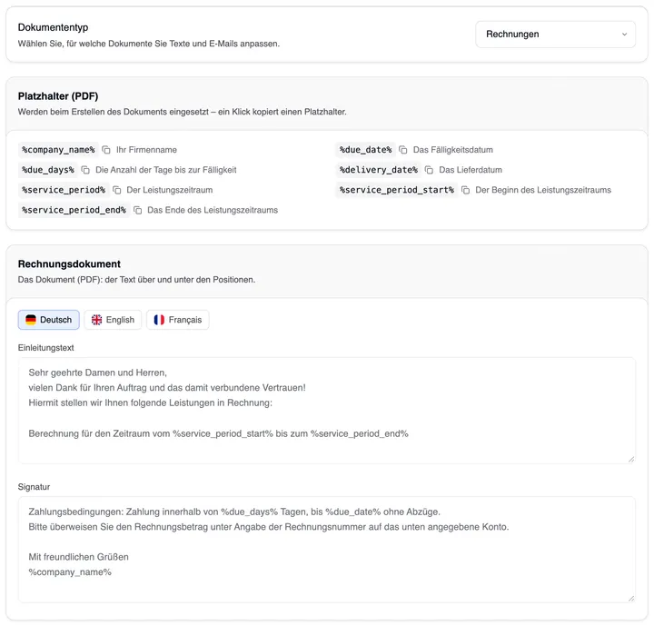 Die Seite „Texte & E-Mails“: oben die Karte Dokumententyp mit „Rechnungen“, darunter die Karte „Platzhalter (PDF)“ und die Karte Rechnungsdokument („Das Dokument (PDF): der Text über und unter den Positionen.“) – Sprachen Deutsch, English und Français, Einleitungstext „Sehr geehrte Damen und Herren, vielen Dank für Ihren Auftrag …“ und Signatur mit den Zahlungsbedingungen und „Mit freundlichen Grüßen %company_name%“, Schaltfläche Änderungen speichern.