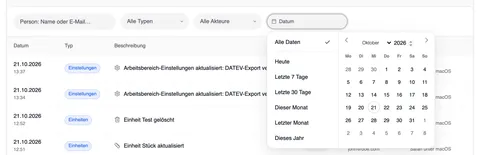 Der geöffnete Datumsfilter: links die Zeiträume Alle Daten (ausgewählt), Heute, Letzte 7 Tage, Letzte 30 Tage, Dieser Monat, Letzter Monat und Dieses Jahr, rechts der Kalender für Oktober 2026 mit der Woche ab Montag.