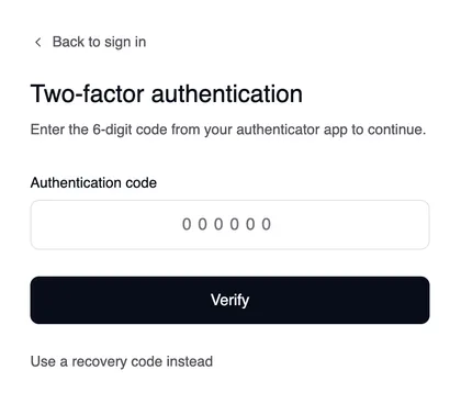 The “Two-factor authentication” sign-in page with “Back to sign in” above, the “Authentication code” field, the “Verify” button and the “Use a recovery code instead” link.