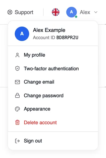 The open account menu with Alex Example and the items My profile, Two-factor authentication, Change email, Change password, Appearance, Delete account and Sign out.