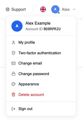 The open account menu with the name and account ID, below them My profile, Two-factor authentication, Change email, Change password, Appearance, Delete account (in red) and Sign out.