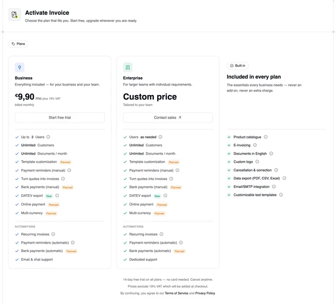 The “Activate Invoice” page with the plans Business (€9.90 per month plus 19% VAT, “Start free trial”) and Enterprise (Custom price, “Contact sales”), “Included in every plan” next to them and the note on the 14-day free trial below.