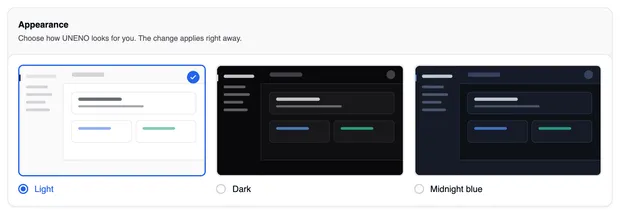 The “Appearance” card with the three colour schemes Light (selected), Dark and Midnight blue, each with a small preview.
