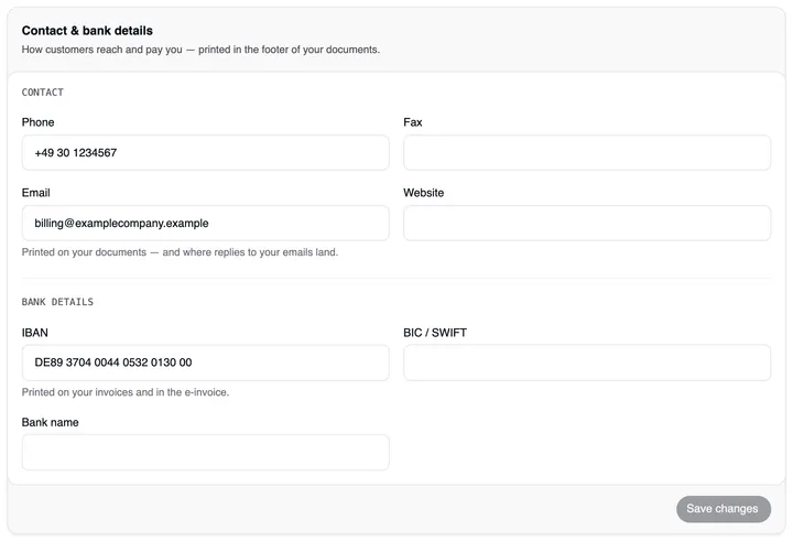 The “Contact & bank details” card with the Contact group (Phone, Fax, Email, Website) and the Bank details group (IBAN in groups of four, BIC / SWIFT, Bank name) and the “Save changes” button.