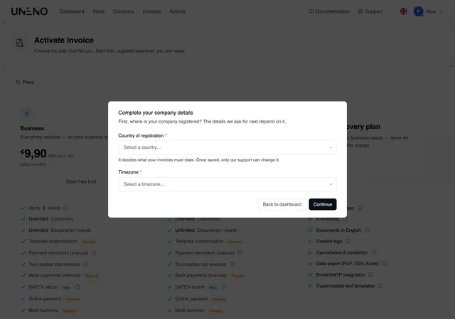 The “Complete your company details” window over the plan choice: “First, where is your company registered? The details we ask for next depend on it.”, the fields Country of registration and Timezone, and the buttons “Back to dashboard” and “Continue”.