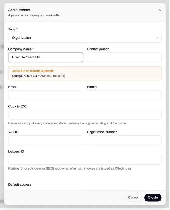 The window “Add customer” with the orange hint “Looks like an existing customer — Example Client Ltd · 0001 (same name)”.