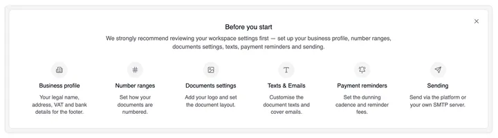 The “Before you start” card with six links: Business profile, Number ranges, Documents settings, Texts & Emails, Payment reminders and Sending.