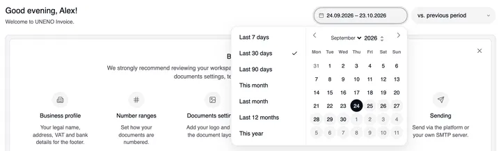 At the top right the date field with the last 30 days and “vs. previous period” beside it; open, the quick picks Last 7 days, Last 30 days (ticked), Last 90 days, This month, Last month, Last 12 months and This year next to the calendar.