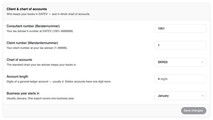 The Client & chart of accounts card with “Who keeps your books in DATEV — and in which chart of accounts.”: consultant number 1001, client number 1, chart of accounts SKR03, account length “4 digits”, business year starts in January — each with its explanation; at the bottom Save changes.