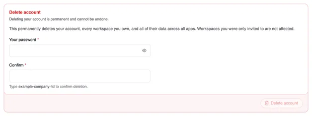 The red “Delete account” card with the note on permanent deletion, the “Your password” and “Confirm” fields, the hint “Type example-company-ltd to confirm deletion.” and the still inactive “Delete account” button.