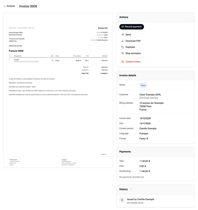 The overview of invoice 0009 to Client Exemple SARL: on the left the PDF with the customer's SIREN and the payment mentions, on the right Actions with Record payment, Send, Download PDF, Duplicate and Stop reminders, in red Cancel invoice, the invoice details with format Factur-X, and the payments.